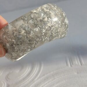 Lucite Bangle Bracelet Clear Silver Foil Flakes Wide Chunky Retro